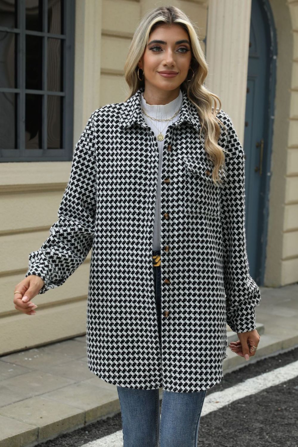 Houndstooth Button Up Dropped Shoulder Coat