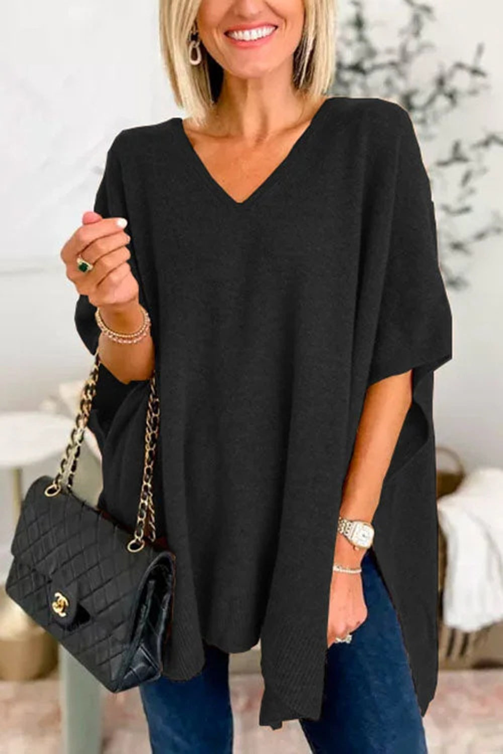 Slit V-Neck Half Sleeve Knit Top