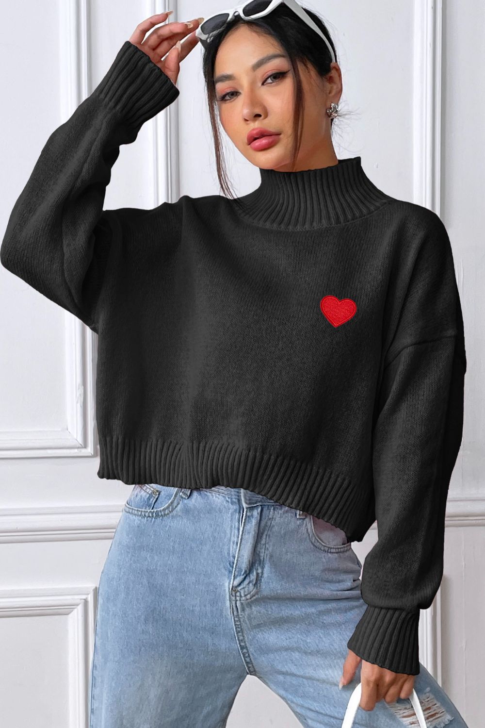 Heart Turtleneck Long Sleeve Sweater