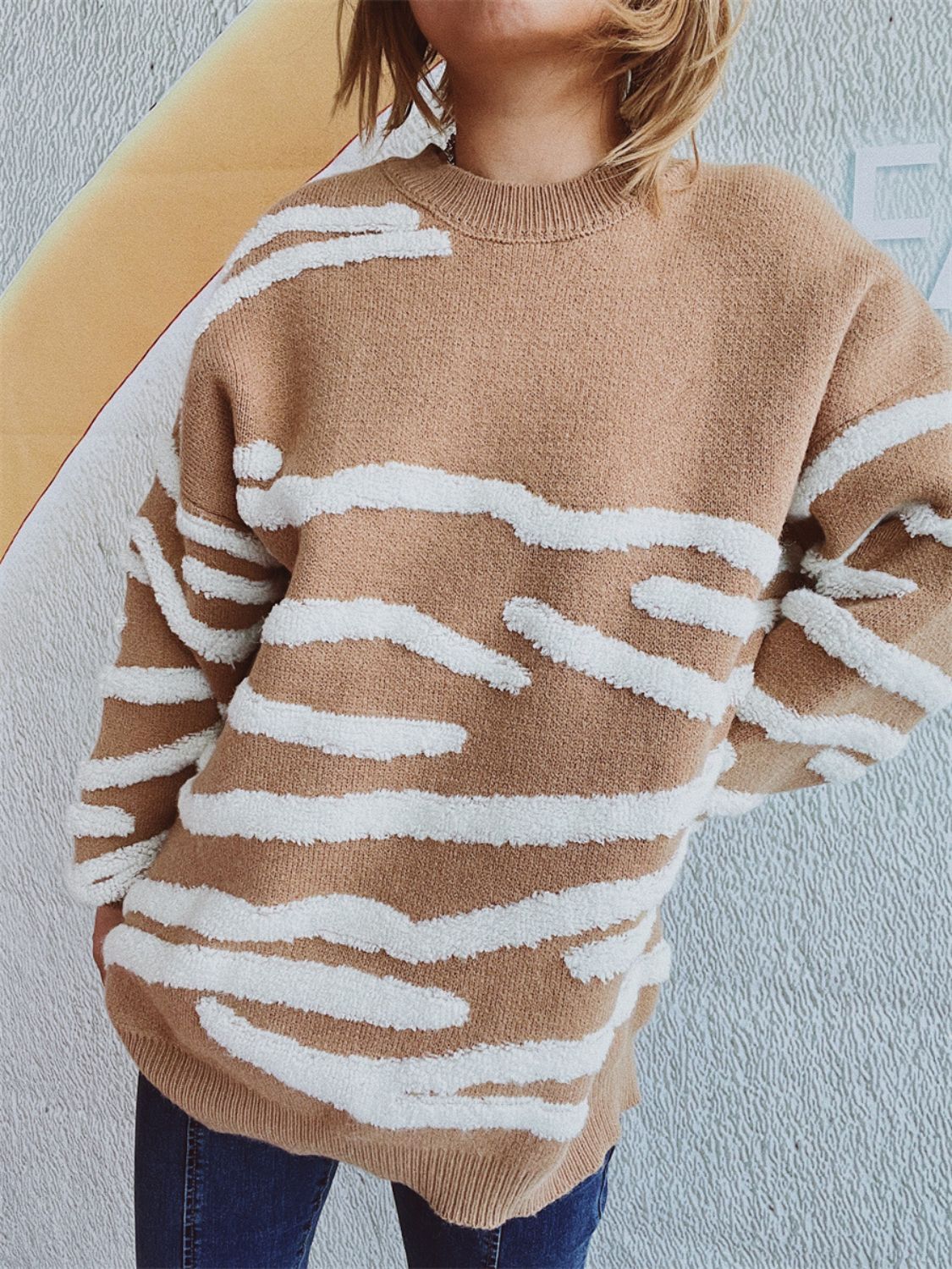 Contrast Round Neck Long Sleeve Sweater