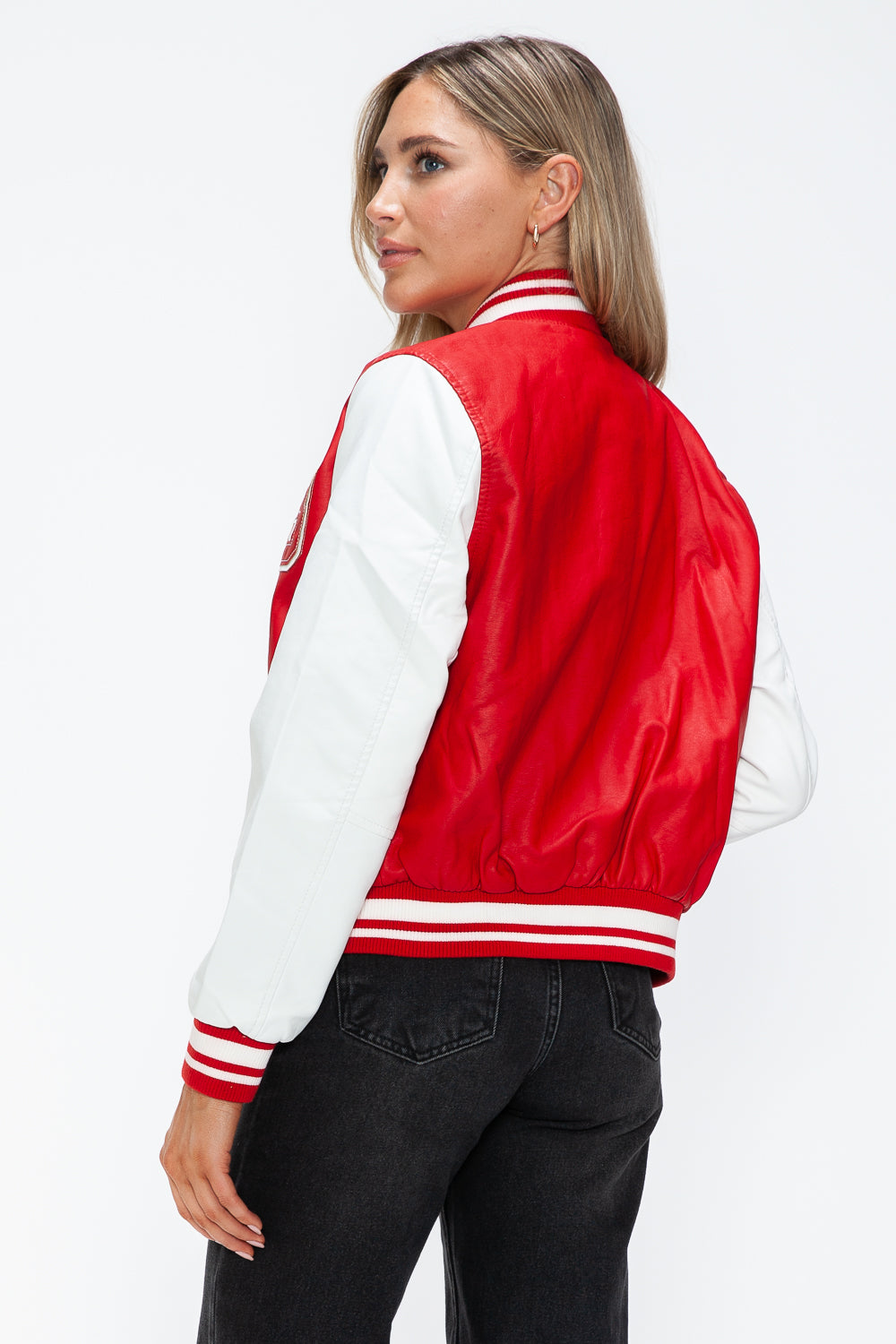 Love Me Now PU Leather Contrast Snap Down Bomber Jacket