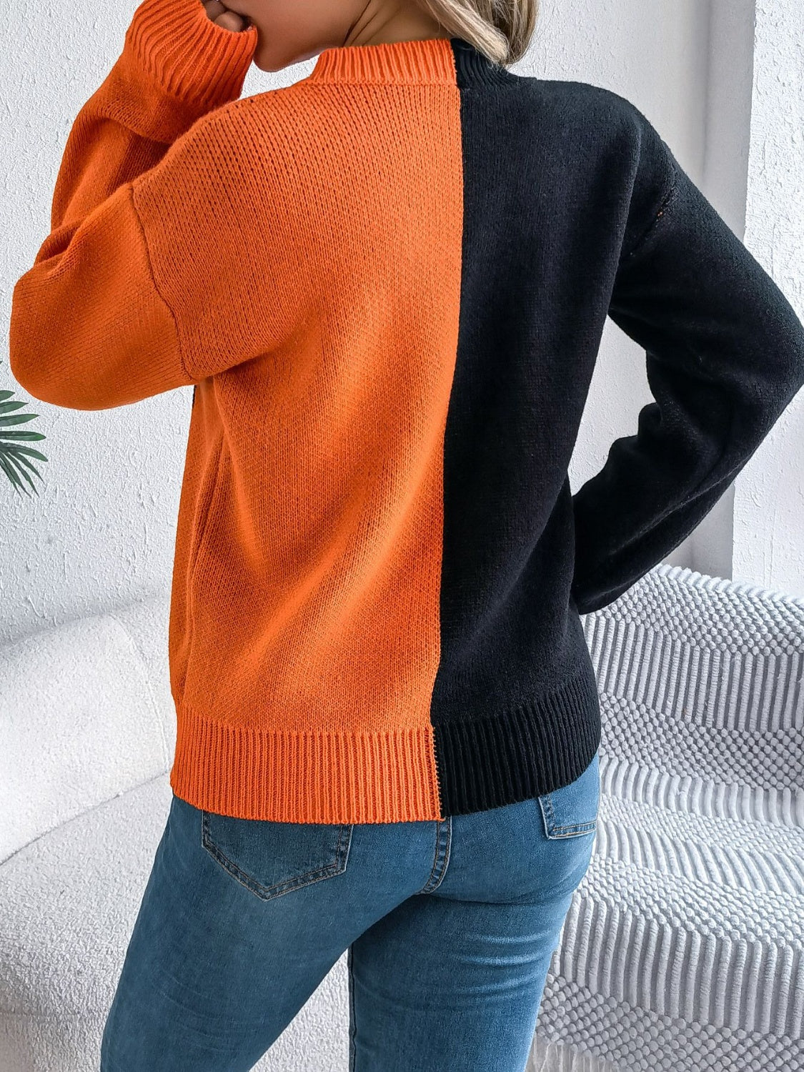 Contrast Round Neck Long Sleeve Sweater