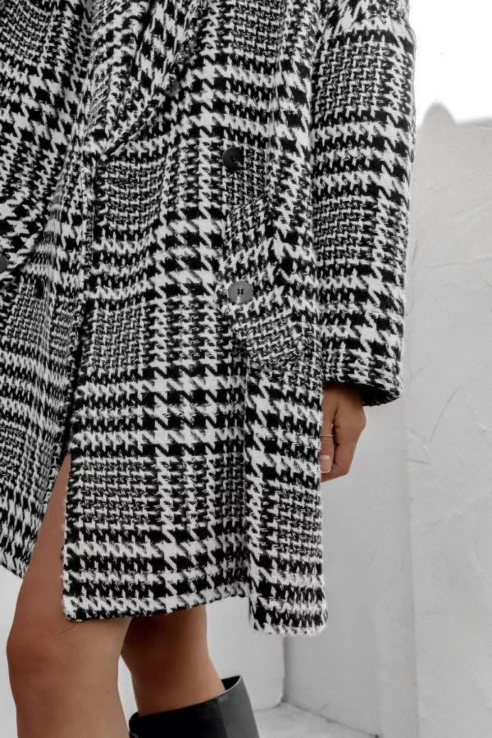 Houndstooth Collared Neck Long Sleeve Coat with Pockets