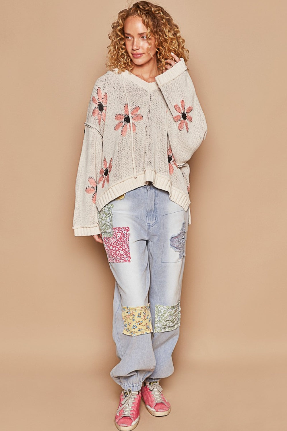 POL Floral Pattern Hooded High-Low Sweater