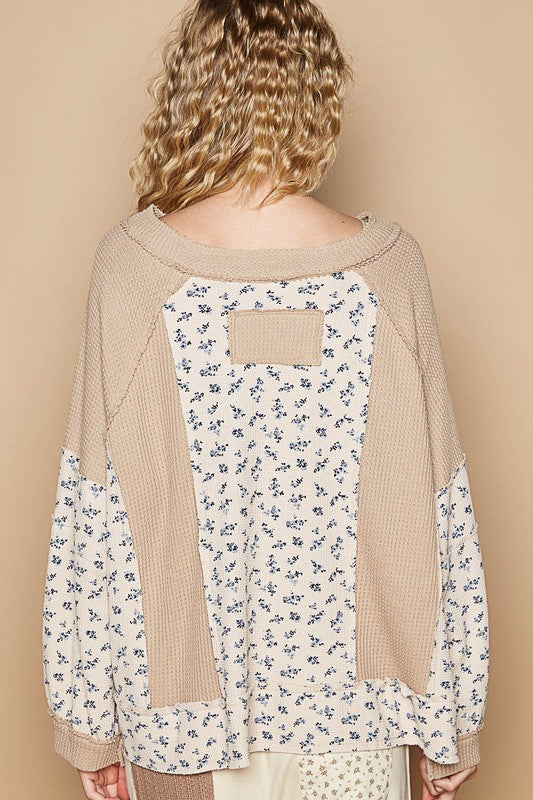 POL Waffle Knit Floral Notched Long Sleeve Top