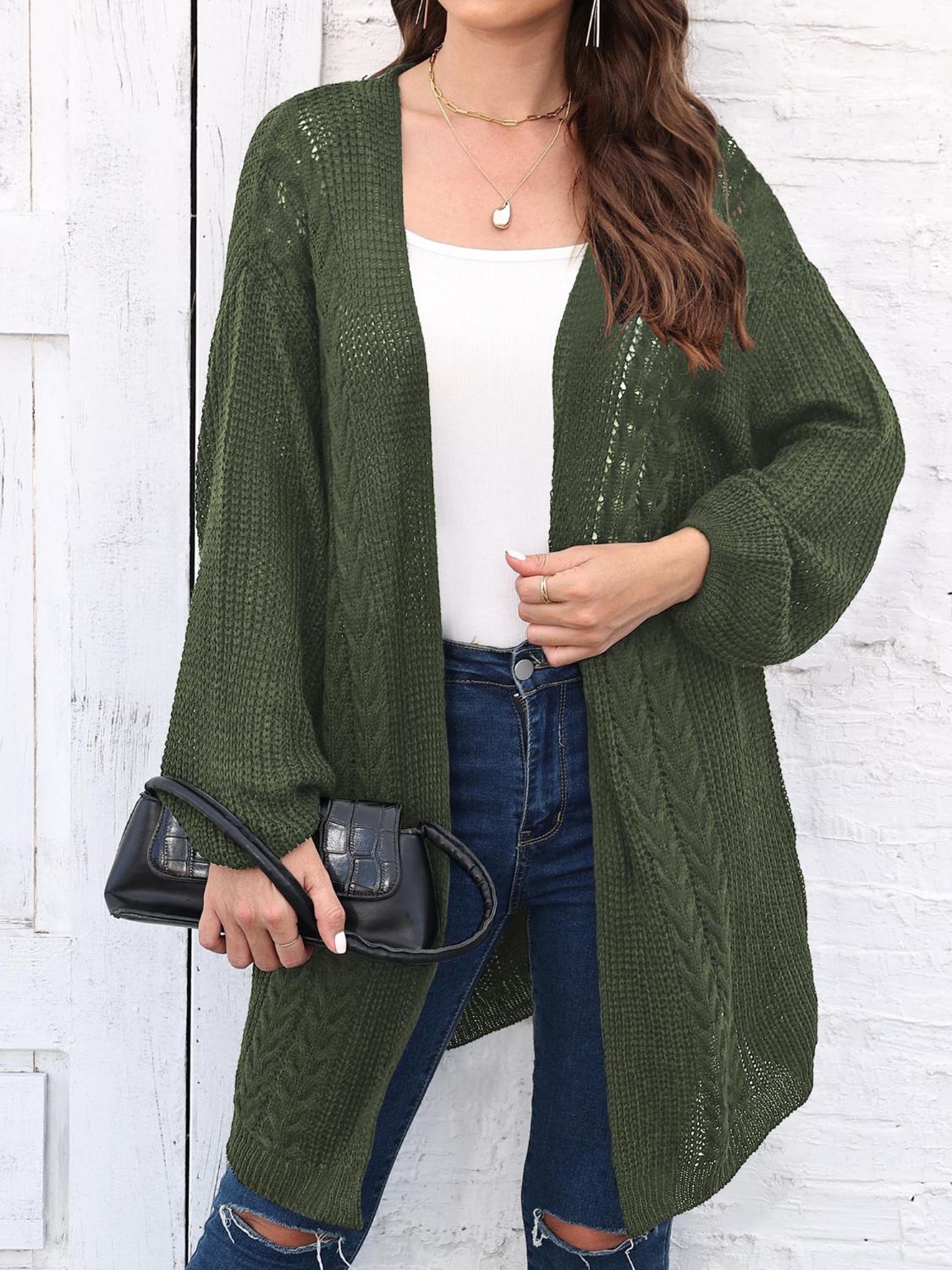 Cable-Knit Open Front Long Sleeve Cardigan