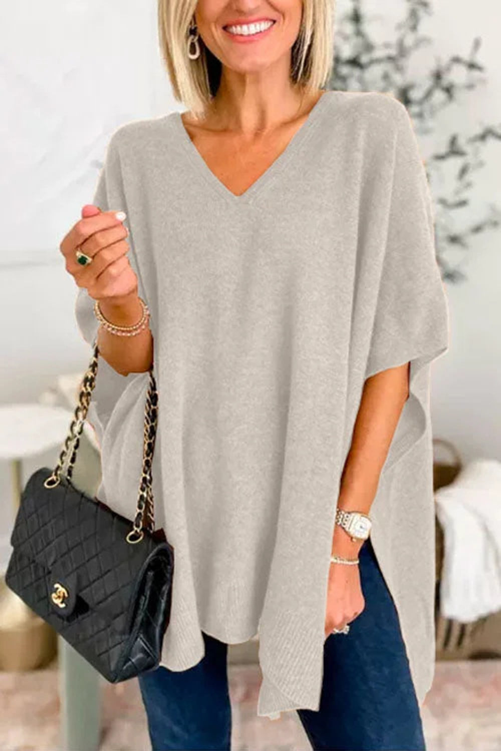 Slit V-Neck Half Sleeve Knit Top