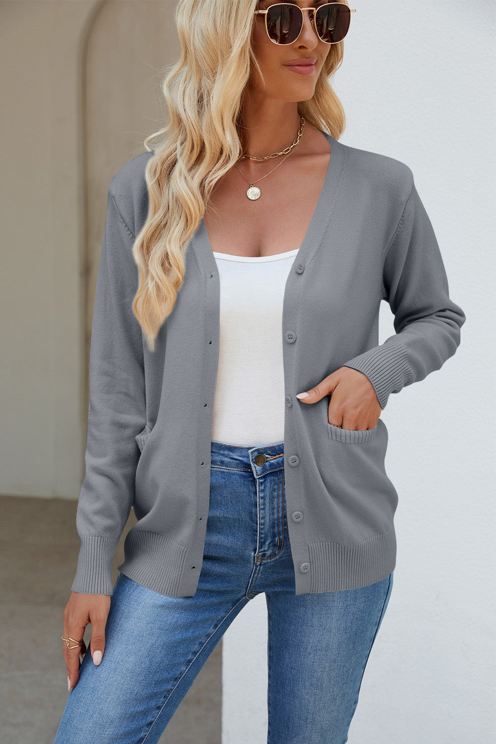 Pocketed V-Neck Button Up Long Sleeve Cardigan