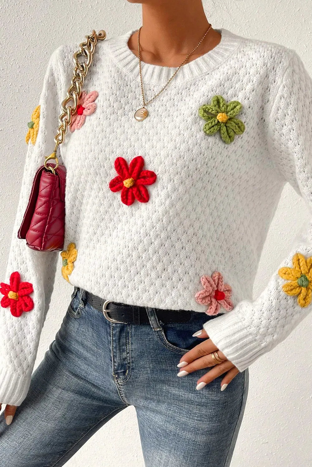 Crochet Flower Round Neck Sweater